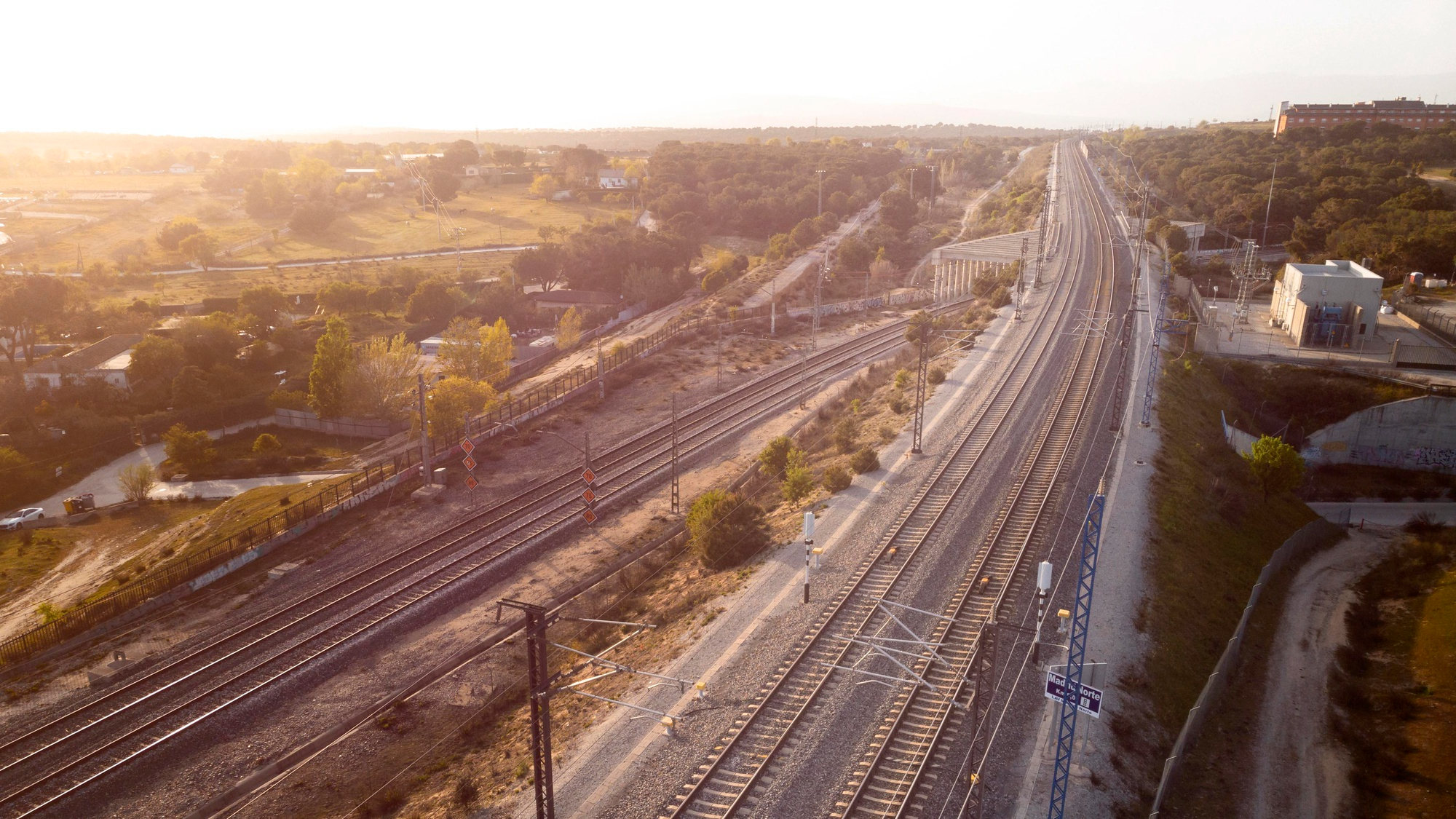 Aerial view of railway tracks at sunset